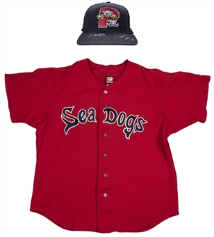 2005 Dustin Pedroia Minor League Game Used Portland Sea Dogs Alternate Jersey and Game Used/Signed Cap (Team LOA & Beckett) 